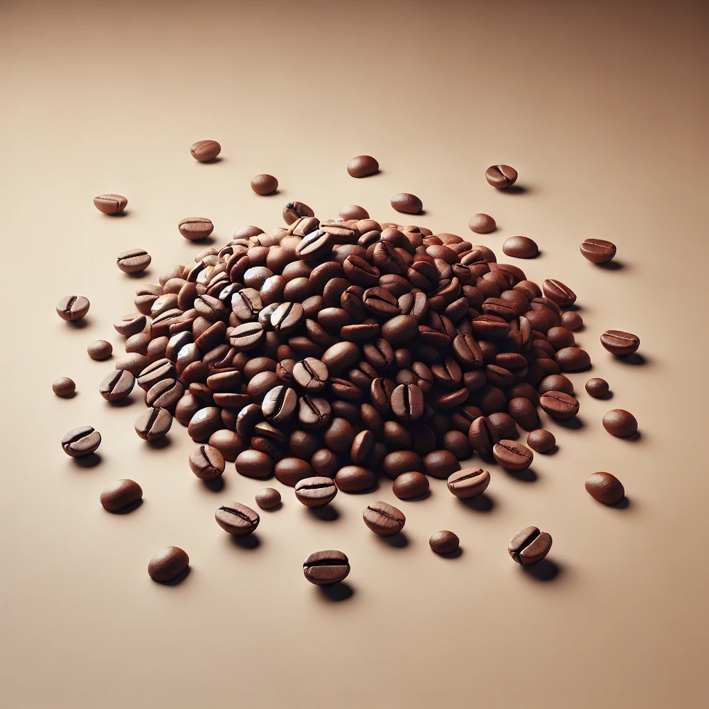 DALL·E 2024 08 25 22.20.35 – A 3D rendering of coffee beans scattered randomly over a light beige background (color code #FFEAB6). The coffee beans are dark brown with realistic t