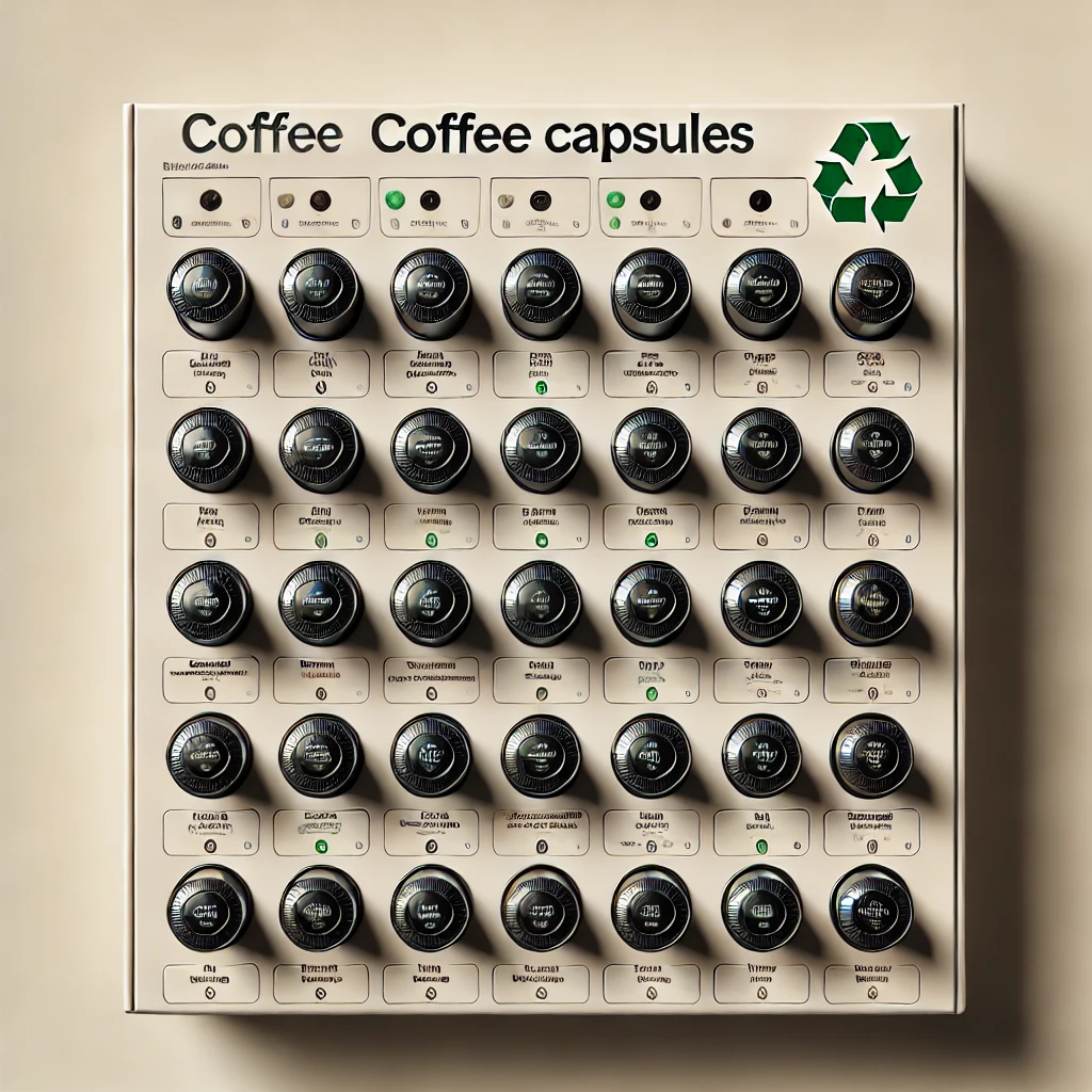 DALL·E 2024 08 25 22.38.56 – A 3D rendering of a coffee capsule menu design, suitable for a webshop selling coffee capsules. The background is light beige (#FFEAB6), and the desig